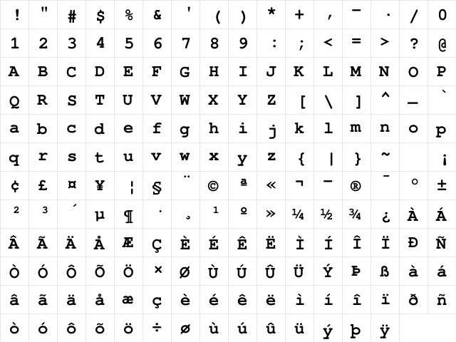 FreeMono Bold  glyph index
