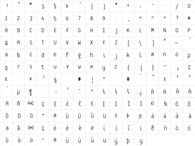 Boks-Thin Thin  glyph index