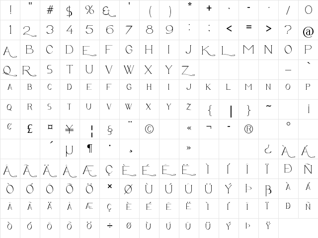 Avanti Regular  glyph index