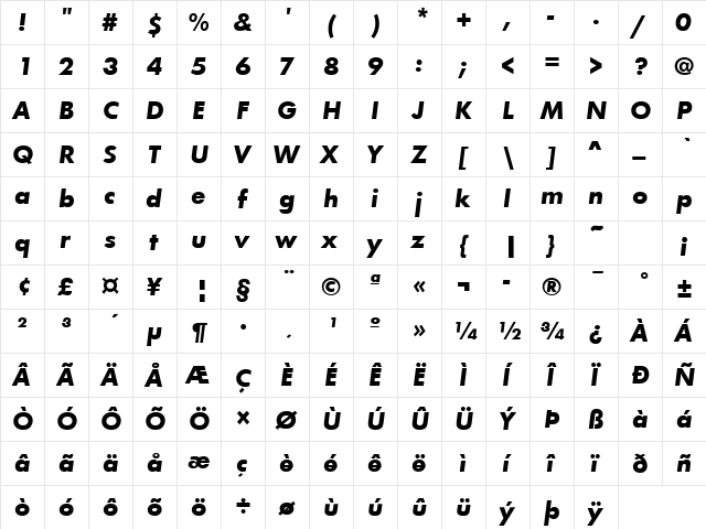 FunctionLH Bold Italic  glyph index