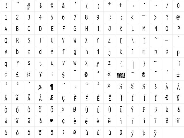 LetterGothicCond Bold  glyph index