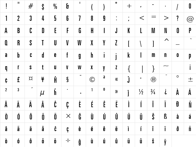 Zurich Eo Regular  glyph index