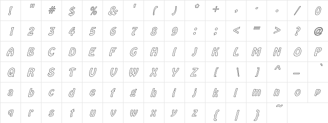 Vagabond Hollow Italic Regular  glyph index