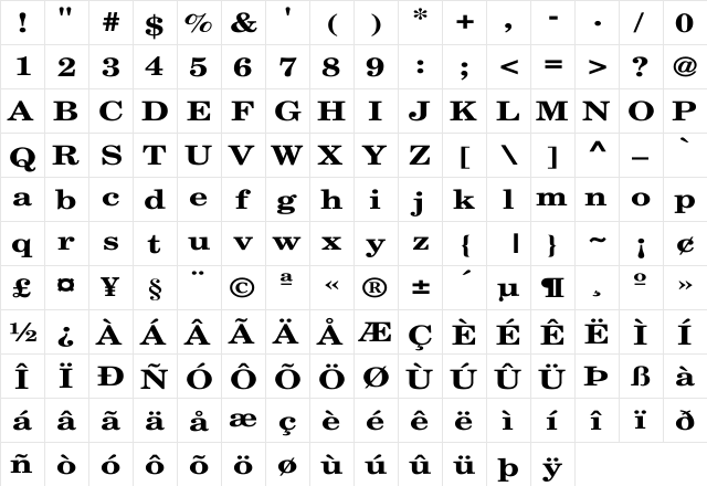 NewCenturySchlbk-Bold Wd Regular  glyph index