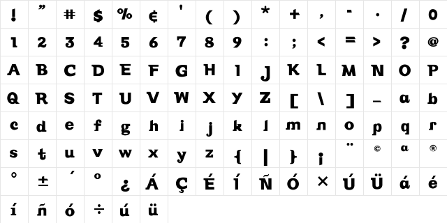 Vintage Regular  glyph index