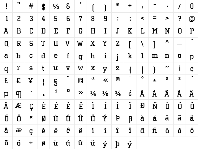 ChollaSlab Bold  glyph index