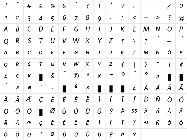 Whitney Medium  glyph index