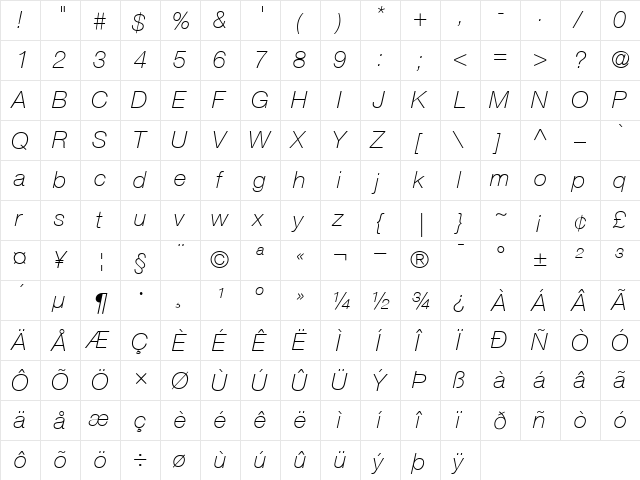 Helvetica36-Thin ThinItalic  glyph index