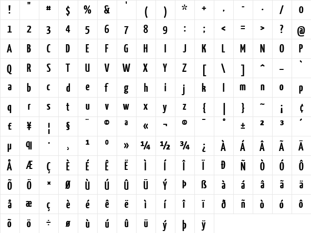 Yanone Kaffeesatz Bold  glyph index