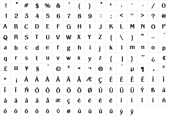 Pedigree Bold  glyph index