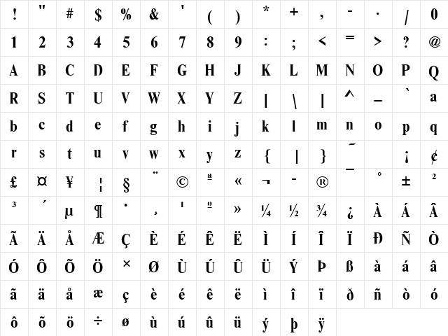 Nimbus Roman Becker No9TCon Bold  glyph index