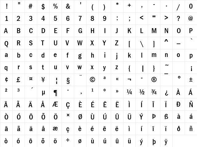 Franklin Gothic Medium Cond Regular  glyph index