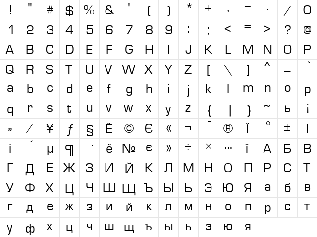 Europe Normal  glyph index