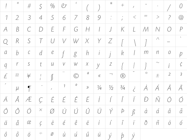 TodaySB-ExtLigIta Regular  glyph index