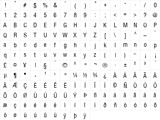 SwitzerlandCondensed Regular  glyph index