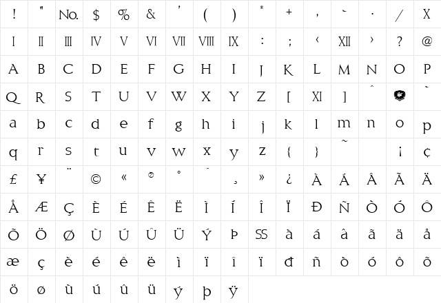 LHF Classic Roman ALT Regular  glyph index
