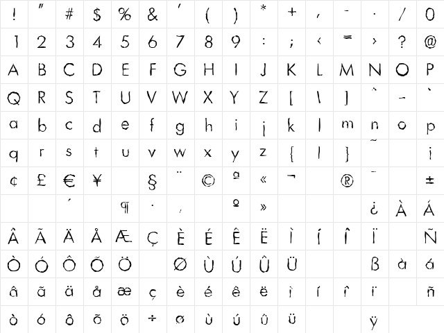 LimerickRandom-Light Regular  glyph index