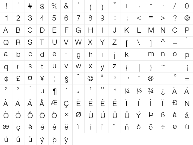 Helvetica Neue LT Pro 45 Light  glyph index