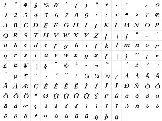 LingwoodEF DemiBoldItalic  glyph index