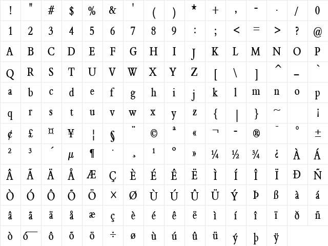 Nadine 2 Thin Bold  glyph index