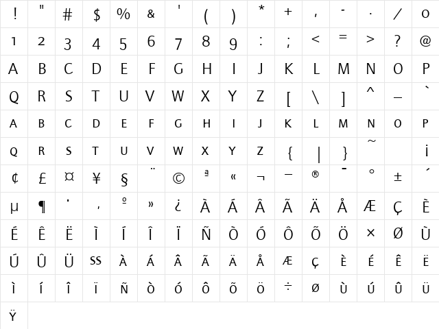 QuaySansSCITCTT Regular  glyph index