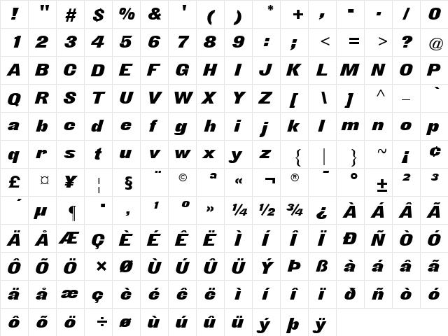 ATDerek Italic  glyph index