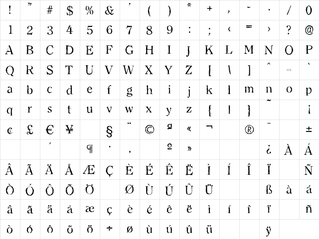 ClearfaceAntique Regular  glyph index