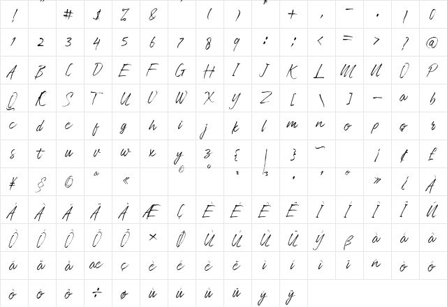 Slimpick Regular  glyph index