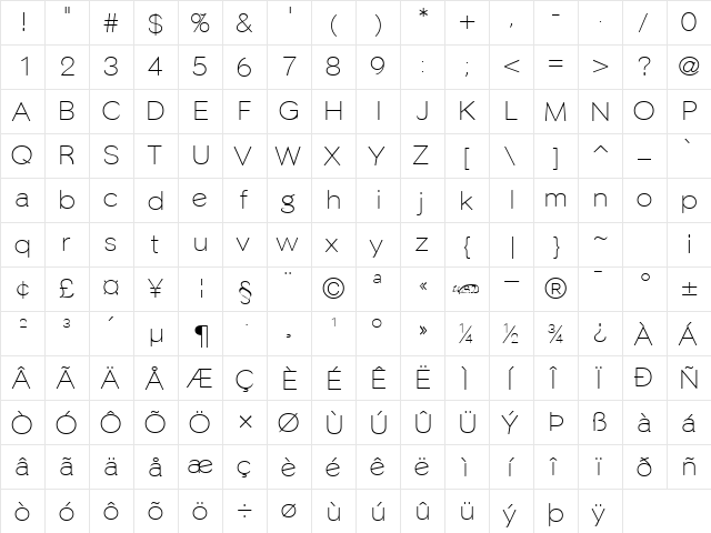 Phinster Fine Normal  glyph index