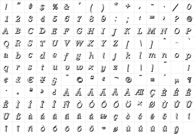 AccoladeShadow Italic  glyph index