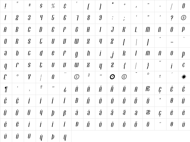 Lithia LightItalic  glyph index