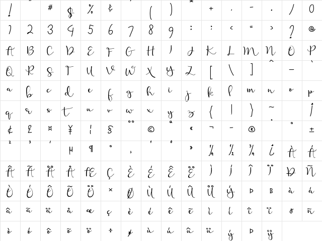 Calliope Script Regular  glyph index