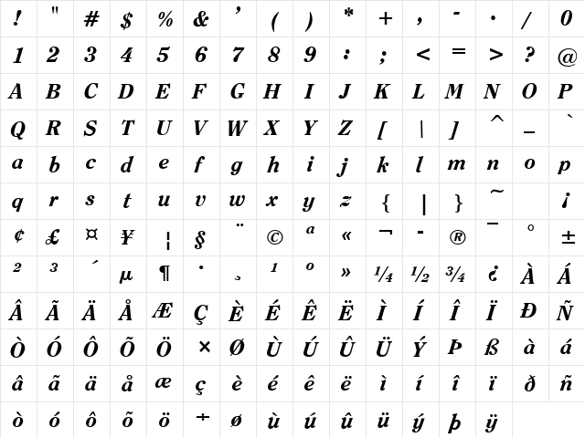 Oxford Bold Italic  glyph index