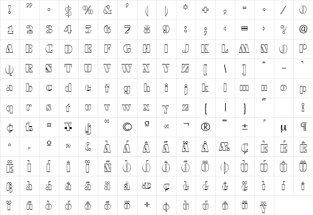 DekoBlackOpen-Serial Regular  glyph index