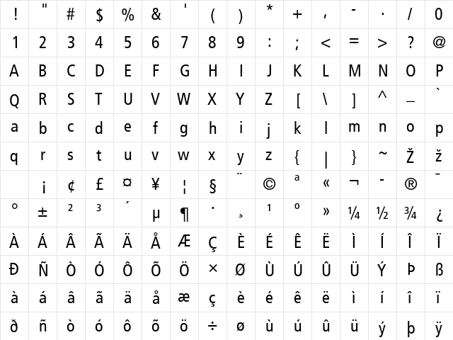 Frutiger LT 57 Cn Regular  glyph index
