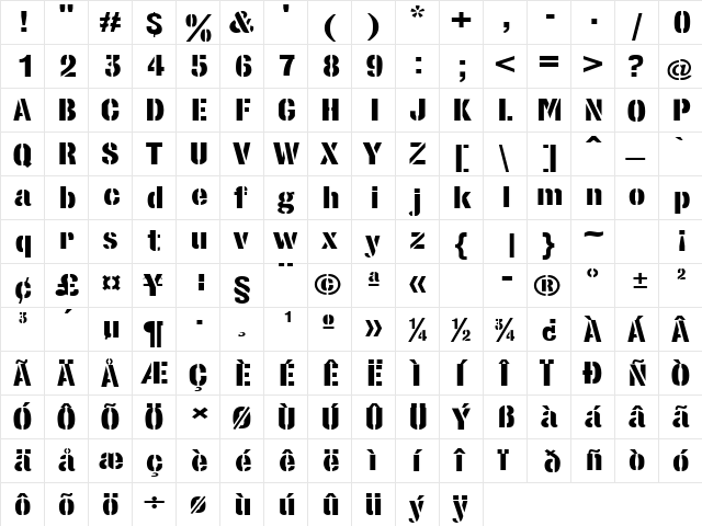 StencilSetExtended Regular  glyph index