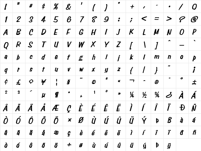 Simpson Bold Italic  glyph index