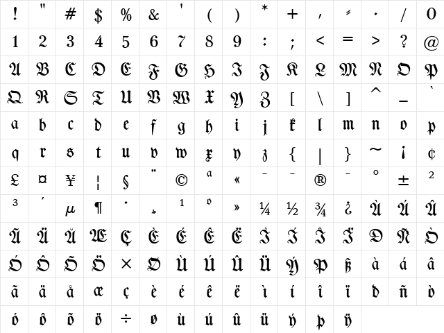TypographerFraktur UNZ1 Medium  glyph index