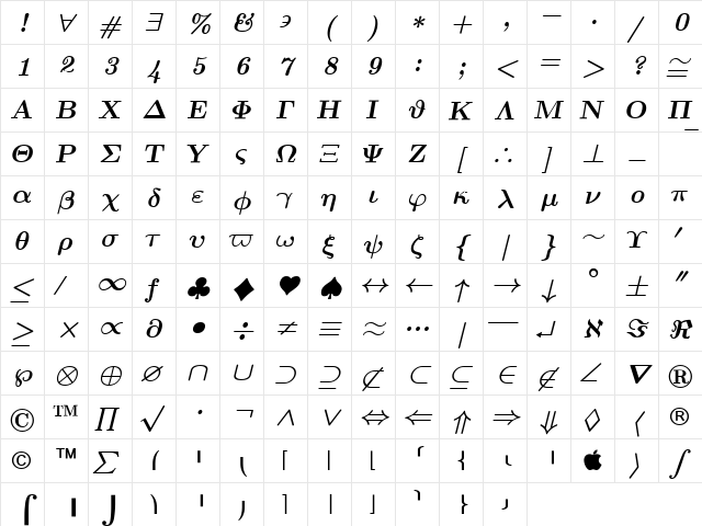 Euclid Symbol Bold Italic  glyph index