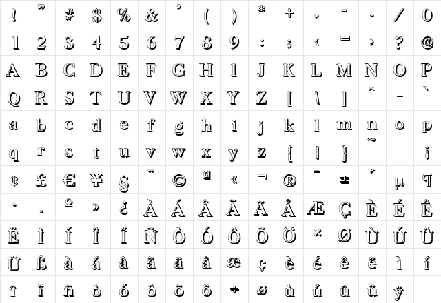 HorshamShadow Regular  glyph index