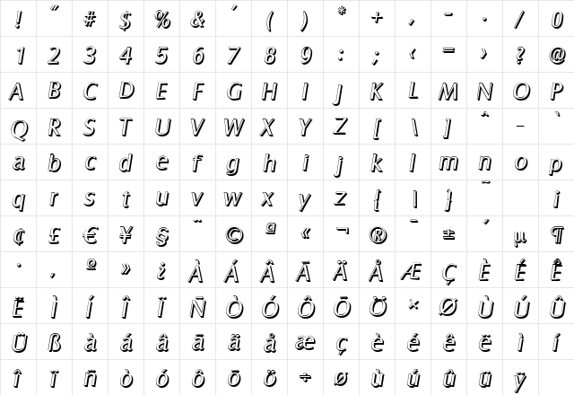 SalzburgShadow Italic  glyph index