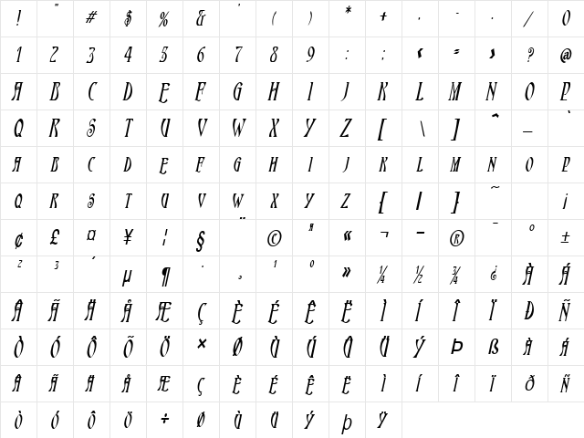 Nouveau-Condensed Bold Italic  glyph index