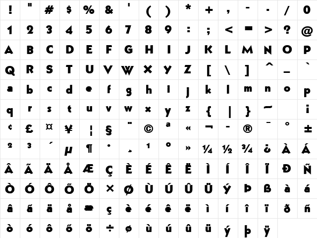 Bully Bold  glyph index