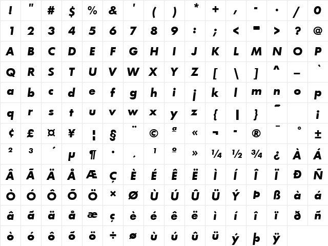 FuturaT Bold Italic  glyph index