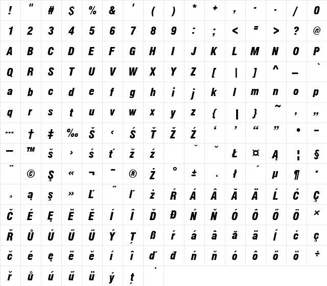 NimbuSanDEEBlaCon Italic  glyph index