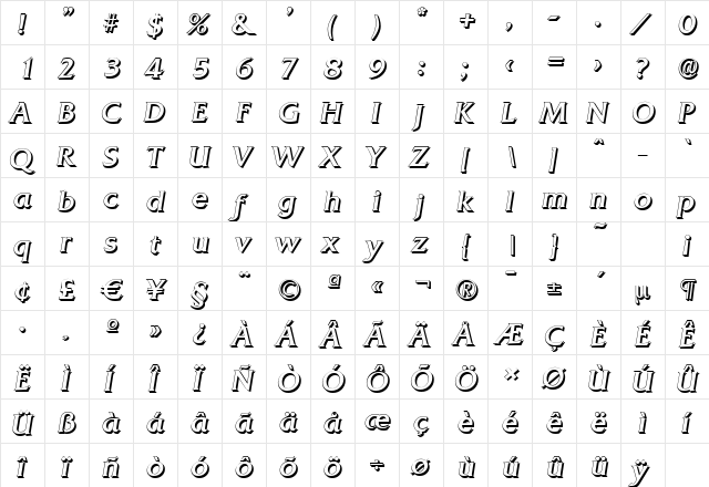 QuadratShadow Italic  glyph index