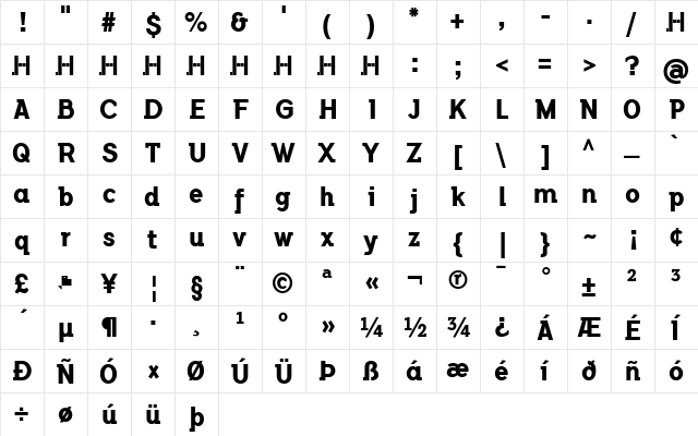 Flamante SemiSlab Bold  glyph index