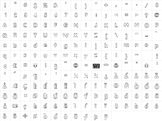 VagabondOutline Regular  glyph index
