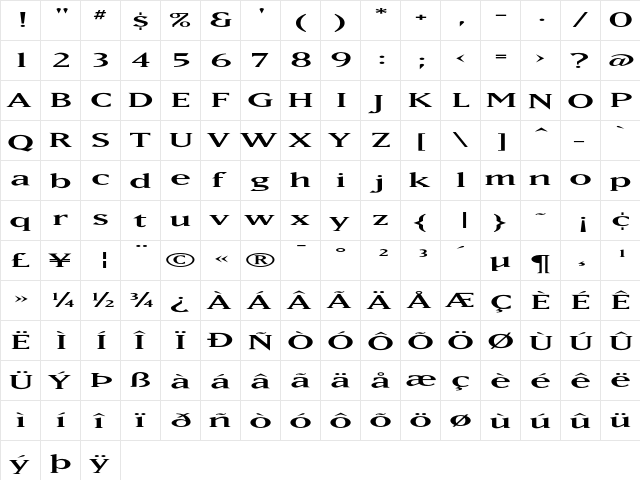 MatrixWideLining Regular  glyph index