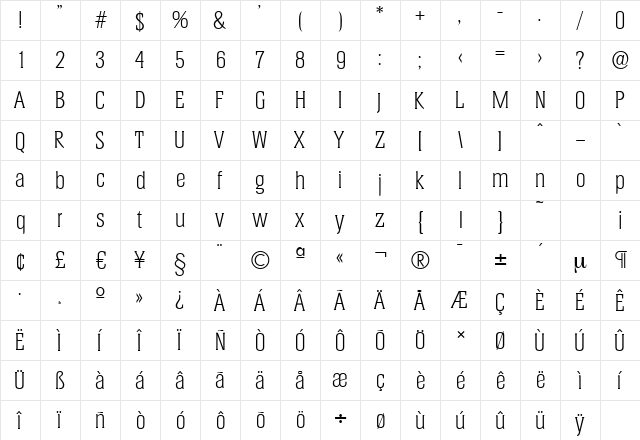HeliumSerial-Light Regular  glyph index